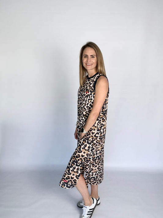 Ladies Sleeveless Dress - Navy Animal Print