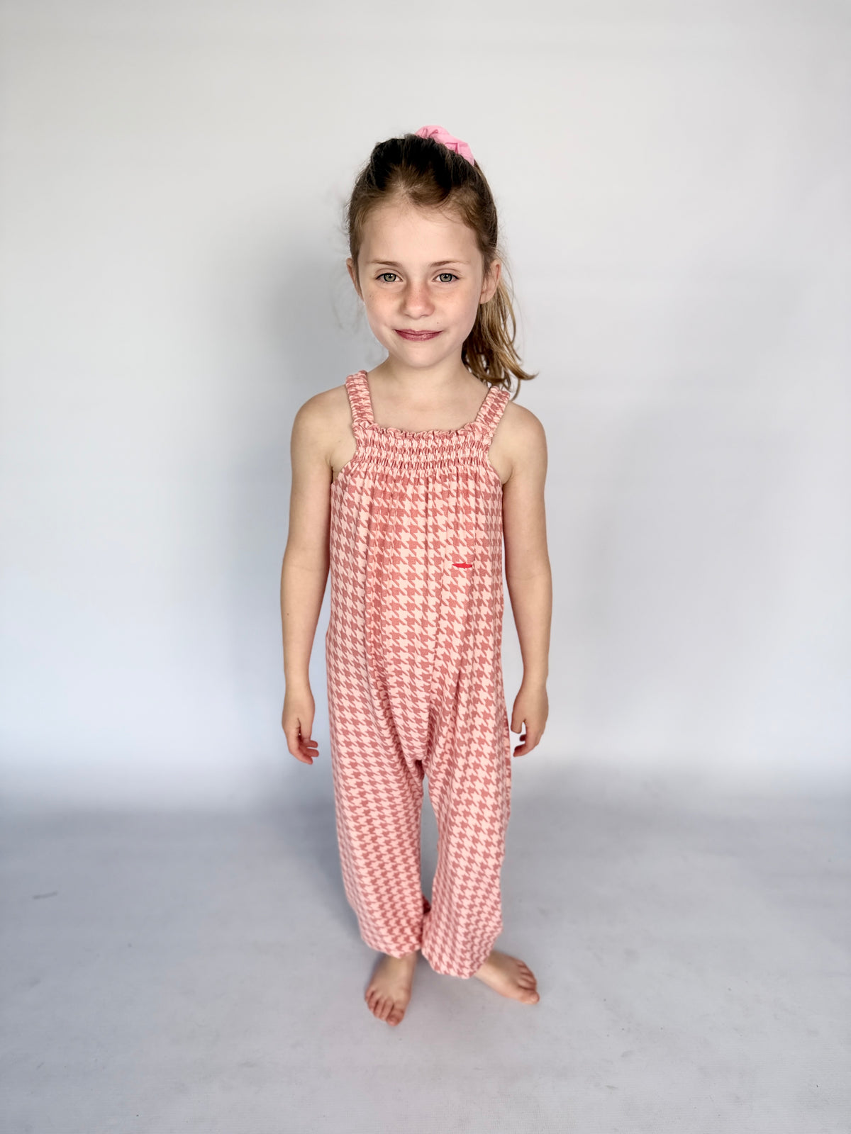 Girls Jumpsuit - Pink and White Houndstooth