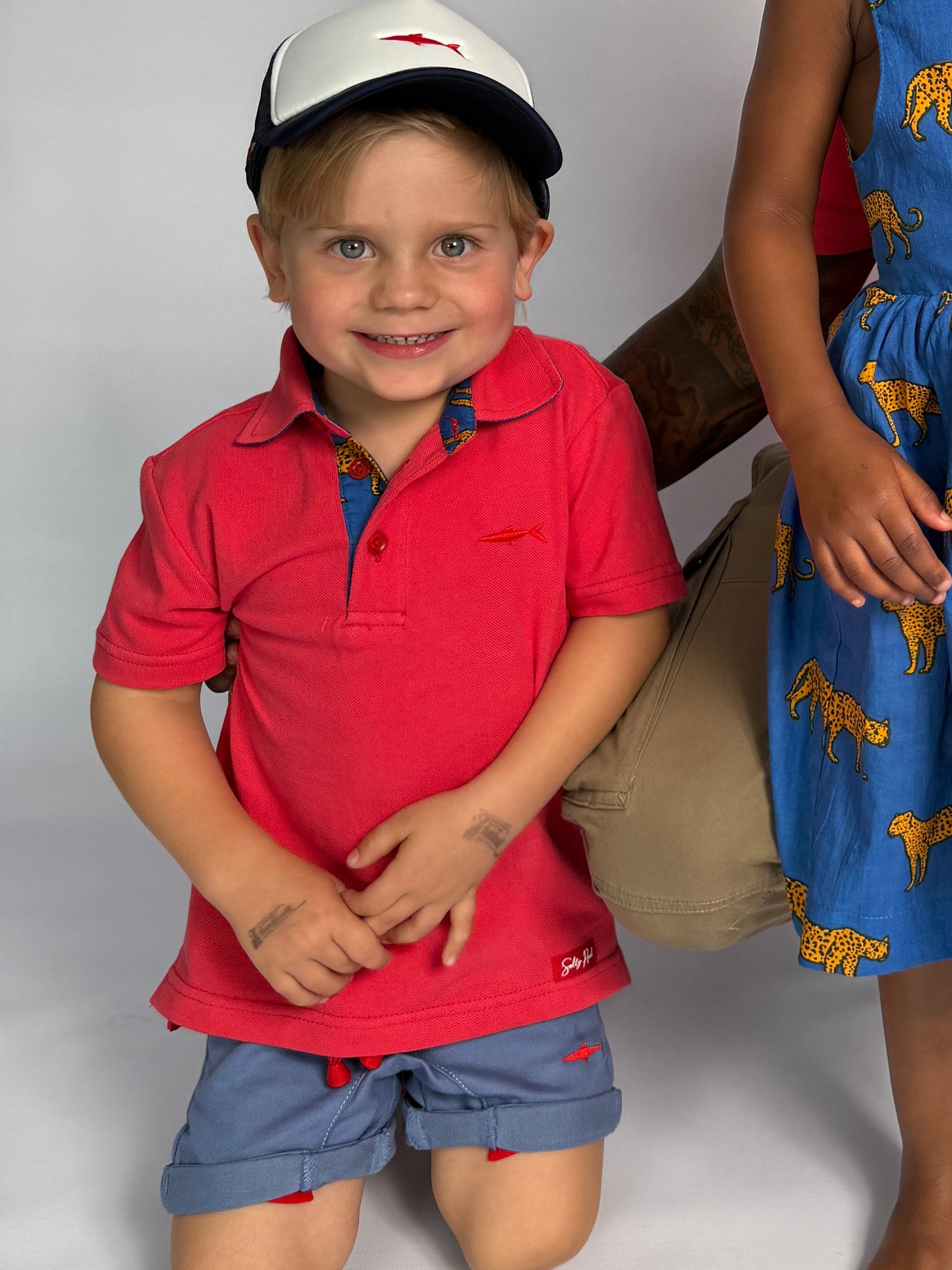 Boys Smart Shorts - Mid Blue - Navy w Orange Leopards Insert