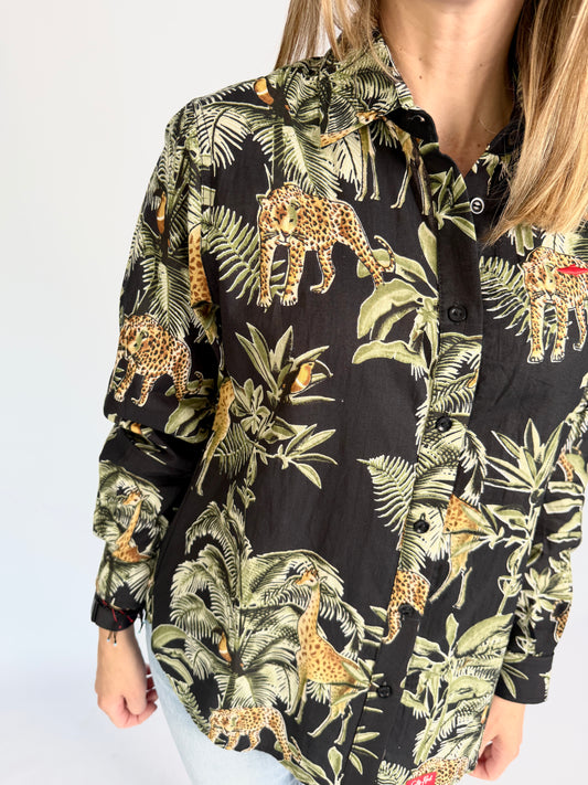 Ladies Shirt - Black w Giraffe, Leopards