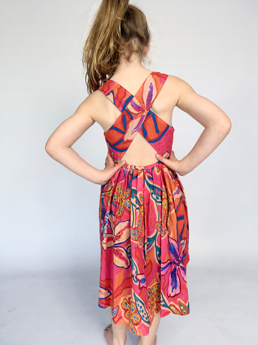 Girls Criss Cross back Dress - Pink Floral