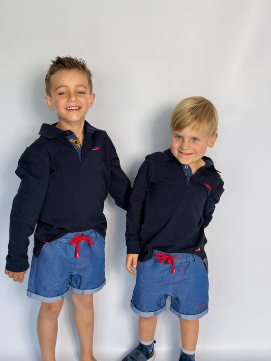 Boys Long Sleeve Golfer - Navy - Navy w Orange Leopard Insert
