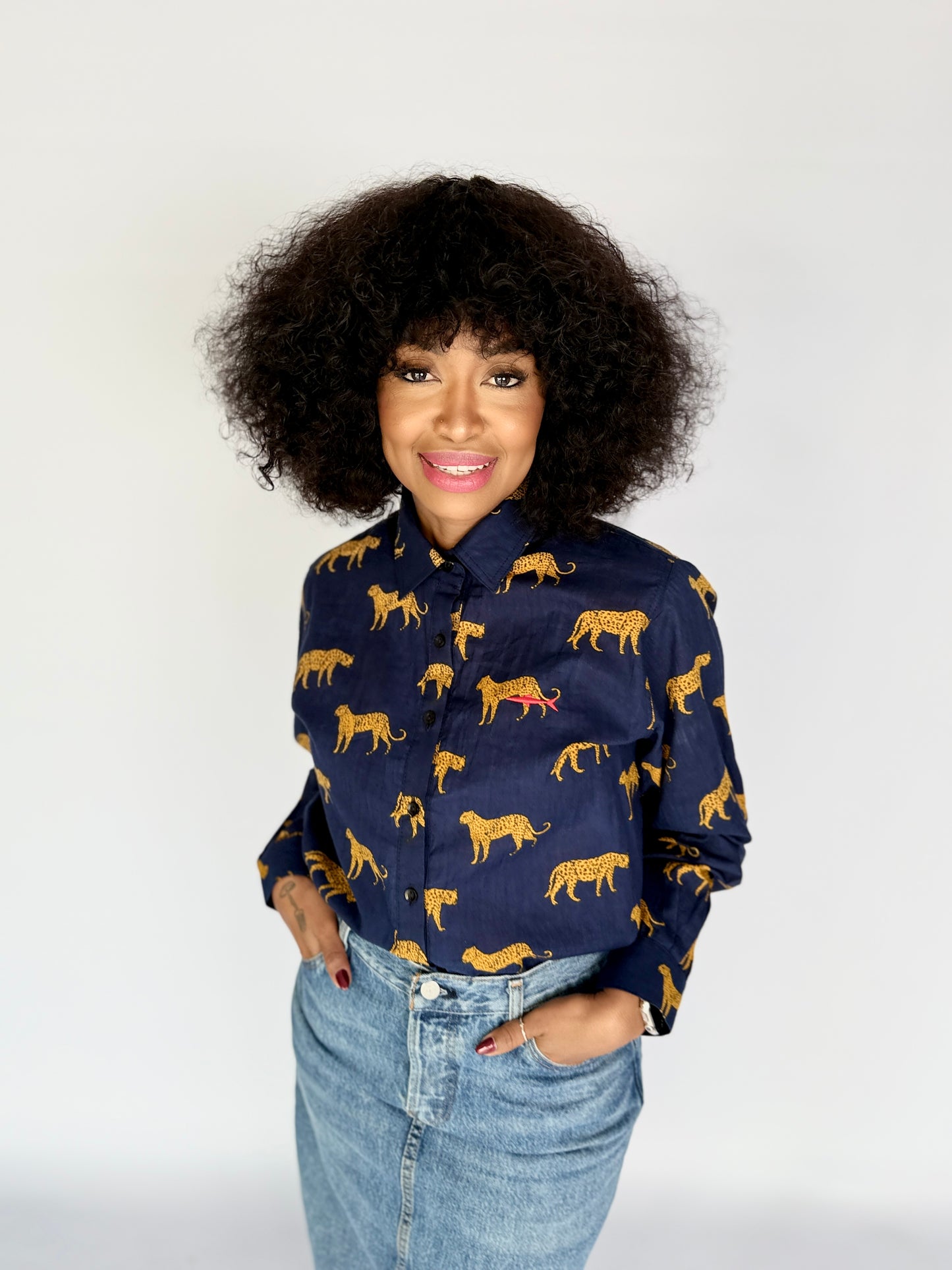 Ladies Shirt - Navy w Orange Leopards