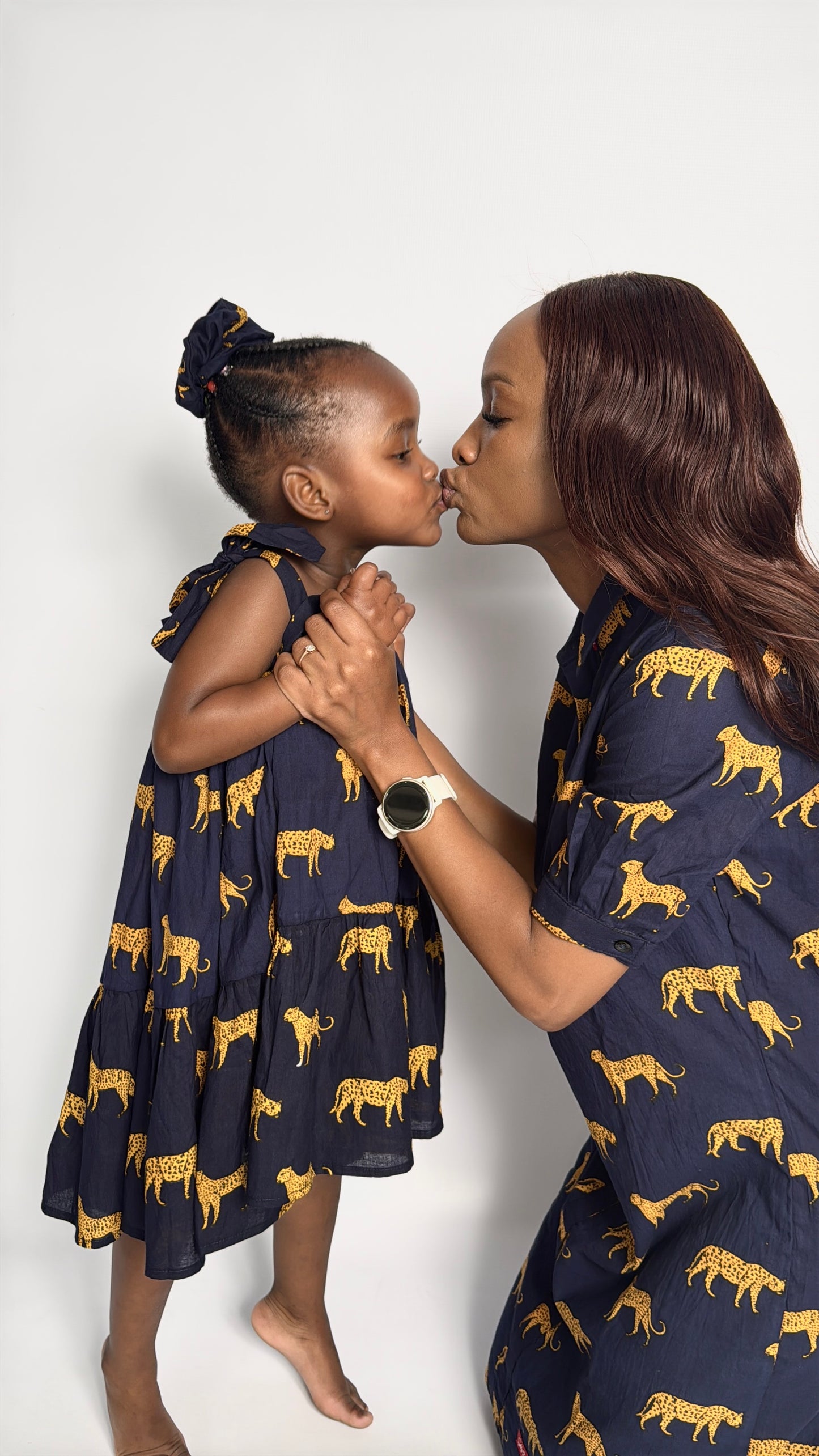 Ladies Shirt Dress - Navy w Orange Leopards