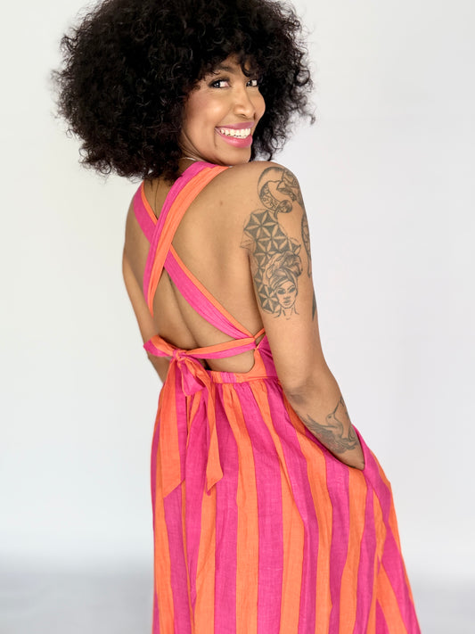 Ladies Dress - Criss Cross back l Pink and Orange Stripe