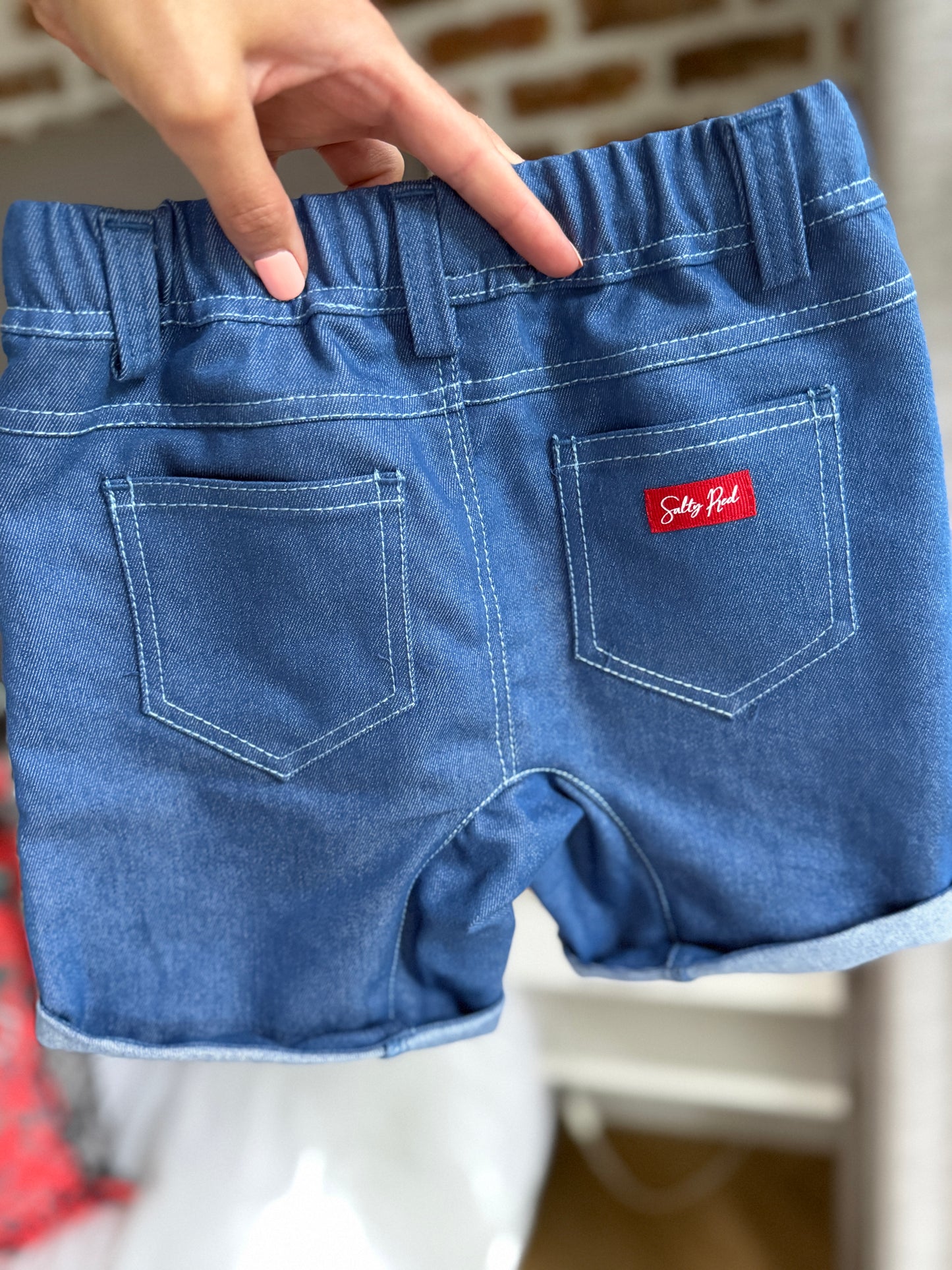 Boys Smart Shorts - Navy Denim - Navy w Orange Leopards Insert