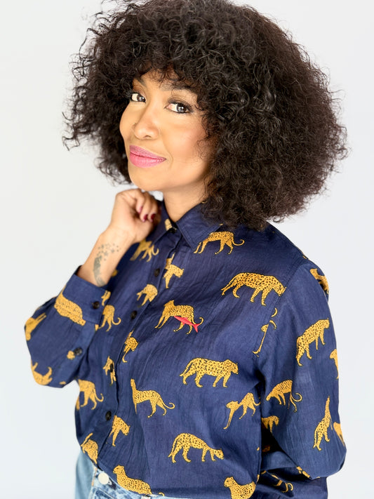 Ladies Shirt - Navy w Orange Leopards