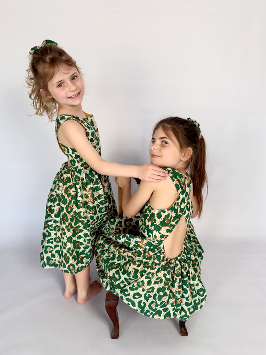 Girls Criss Cross back Dress - Green Animal Print