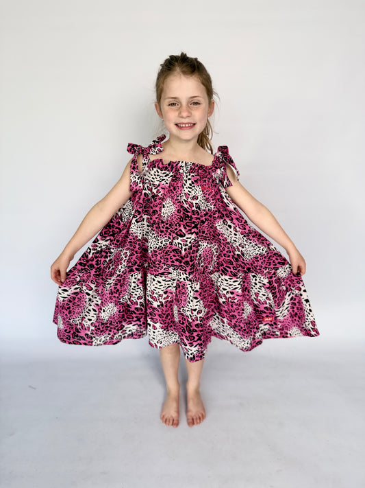 Girls Swirly Dress - Bright Pink Animal Print