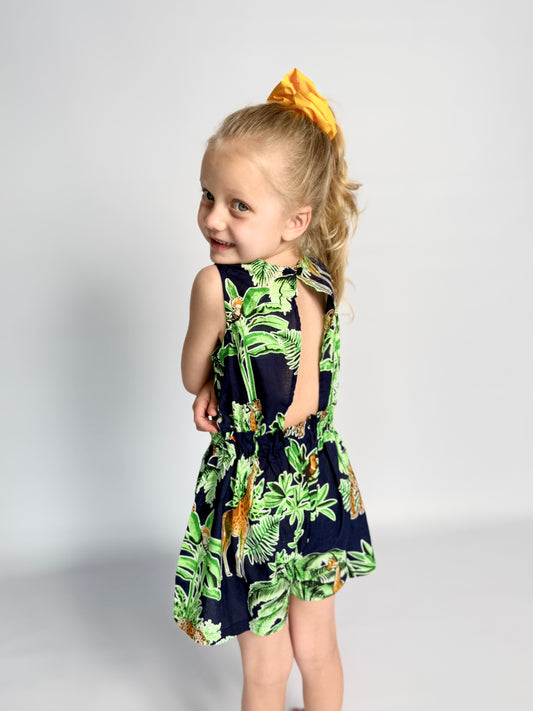Girls Playsuit - Navy w Green Giraffe