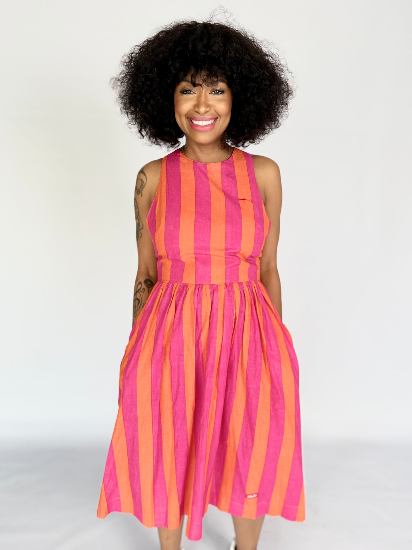 Ladies Dress - Criss Cross back l Pink and Orange Stripe