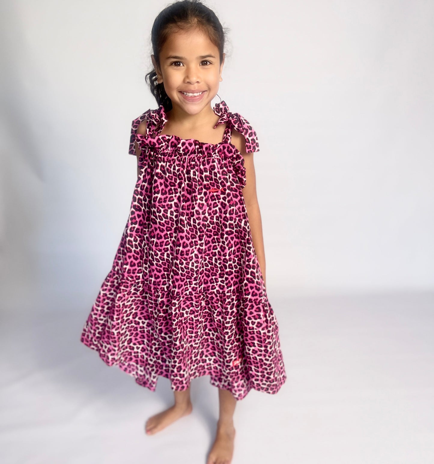 Girls Swirly Dress - Pink and Black Leopard Print