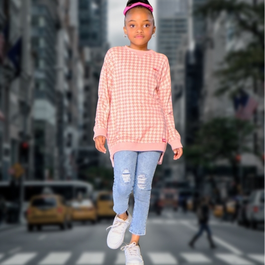 Girls Jumper Dress - Pink and White Houndstooth