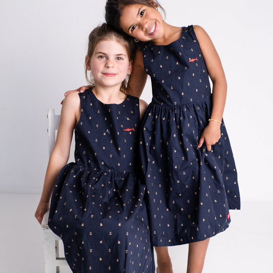 Girls Criss Cross back Dress - Navy Boats