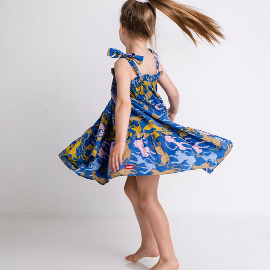 Girls Swirly Dress - Cheetah on Royal Blue