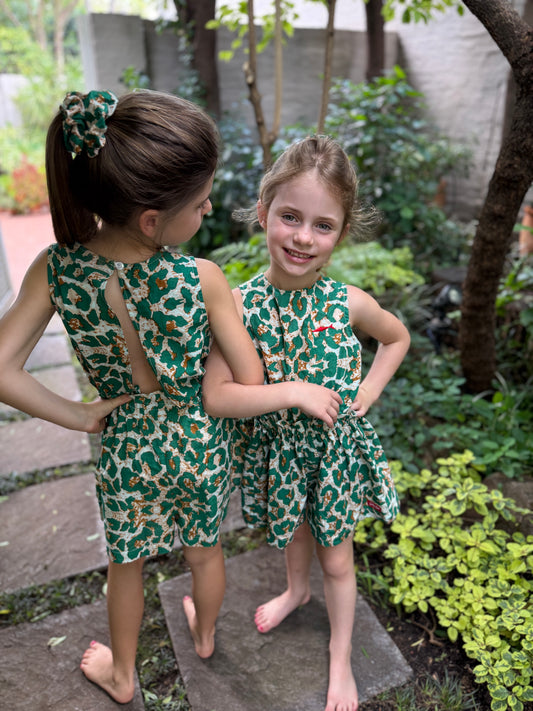 Girls Playsuit - Green Animal Print