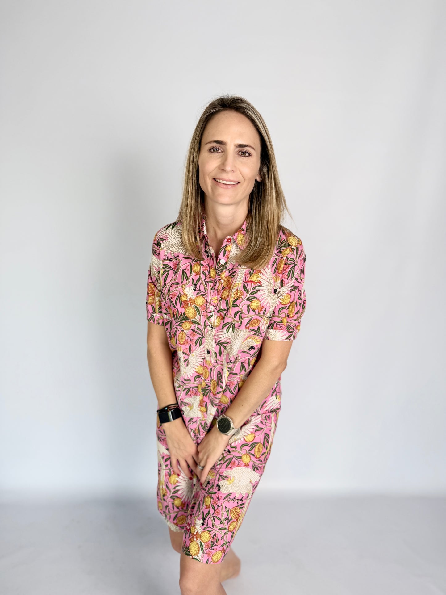 Ladies Shirt Dress - Pink Parrot