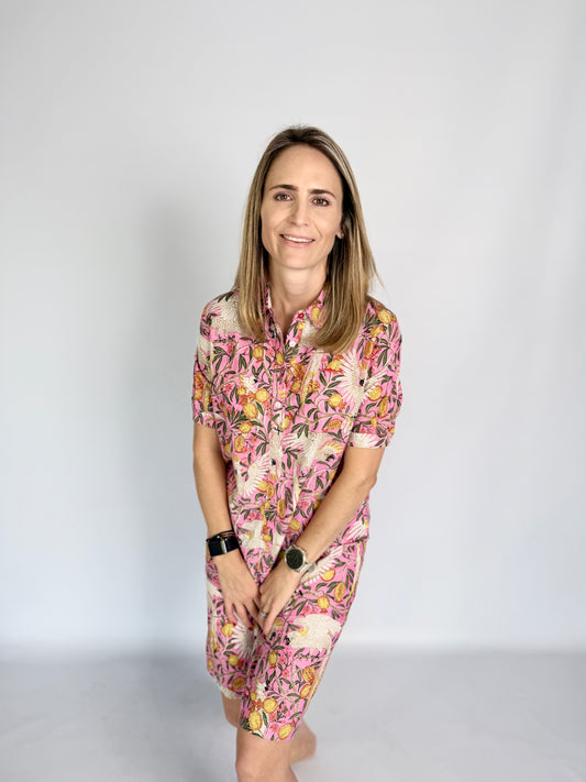 Ladies Shirt Dress - Pink Parrot