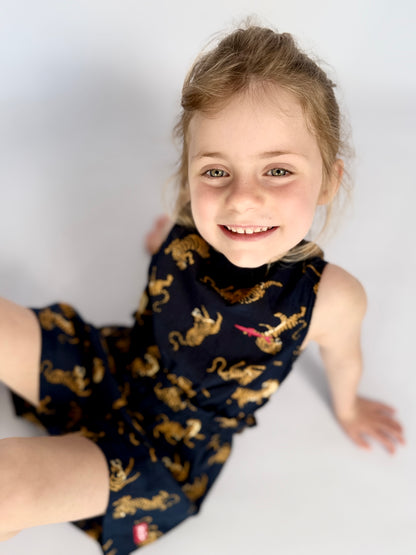 Girls Playsuit - Navy w Orange Tigers