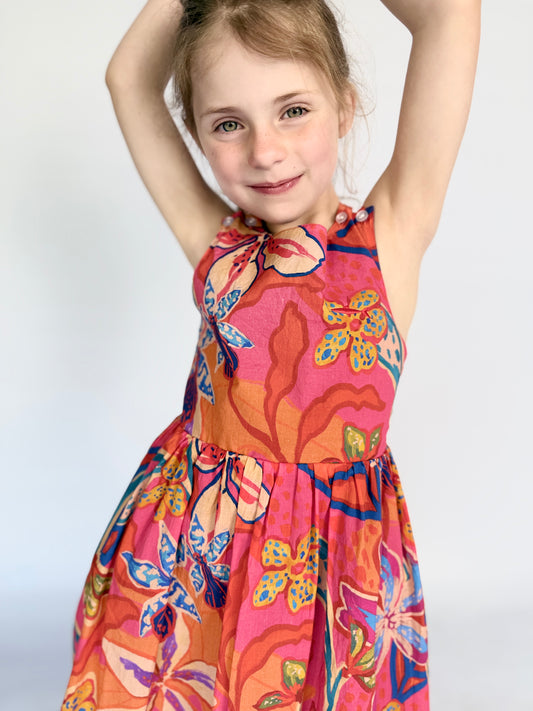 Girls Criss Cross back Dress - Pink Floral