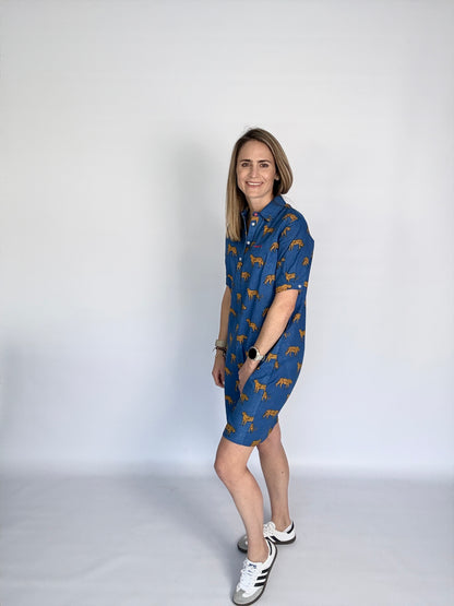 Ladies Shirt Dress - Royal Blue w Orange Leopards