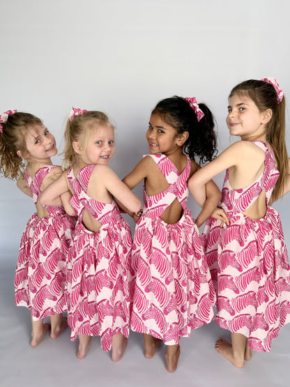 Girls Criss Cross back Dress - Pink Zebra