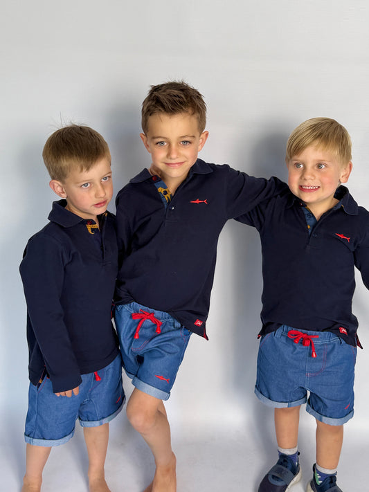 Boys Long Sleeve Golfer - Navy - Navy w Orange Leopard Insert