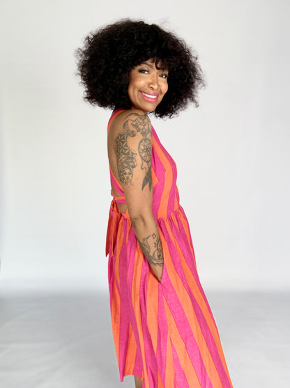 Ladies Dress - Criss Cross back l Pink and Orange Stripe