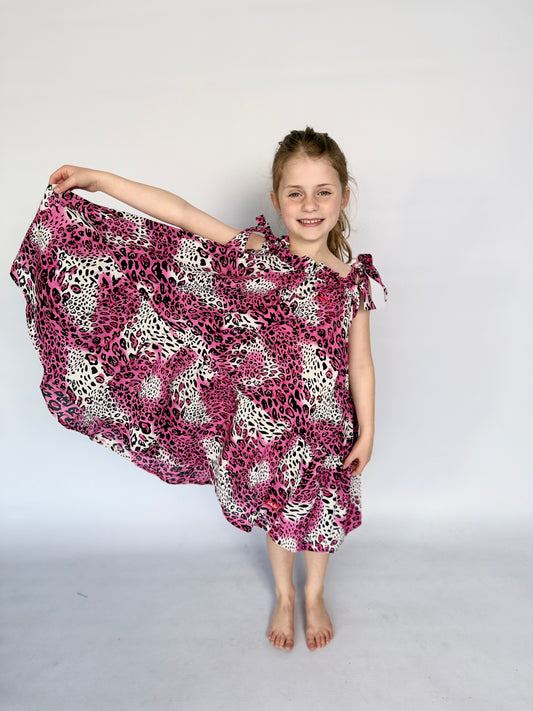 Girls Swirly Dress - Bright Pink Animal Print