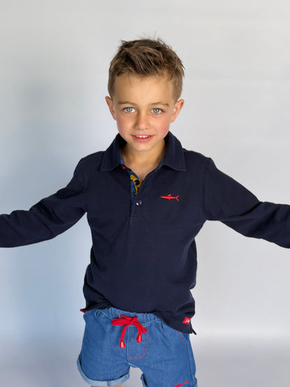 Boys Long Sleeve Golfer - Navy - Navy w Orange Leopard Insert