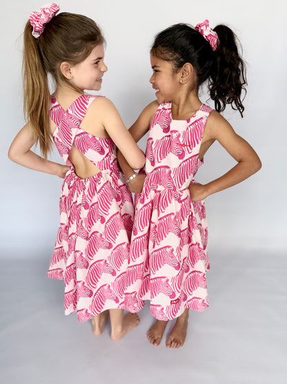 Girls Criss Cross back Dress - Pink Zebra