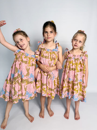 Girls Swirly Dress - Cheetah on Blush