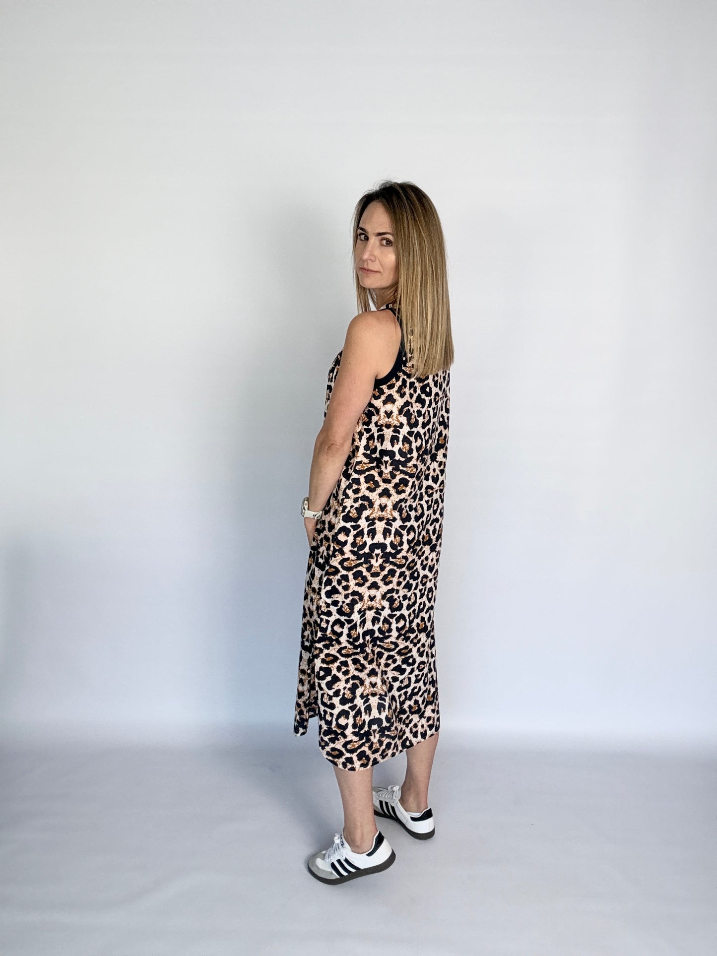 Ladies Sleeveless Dress - Navy Animal Print