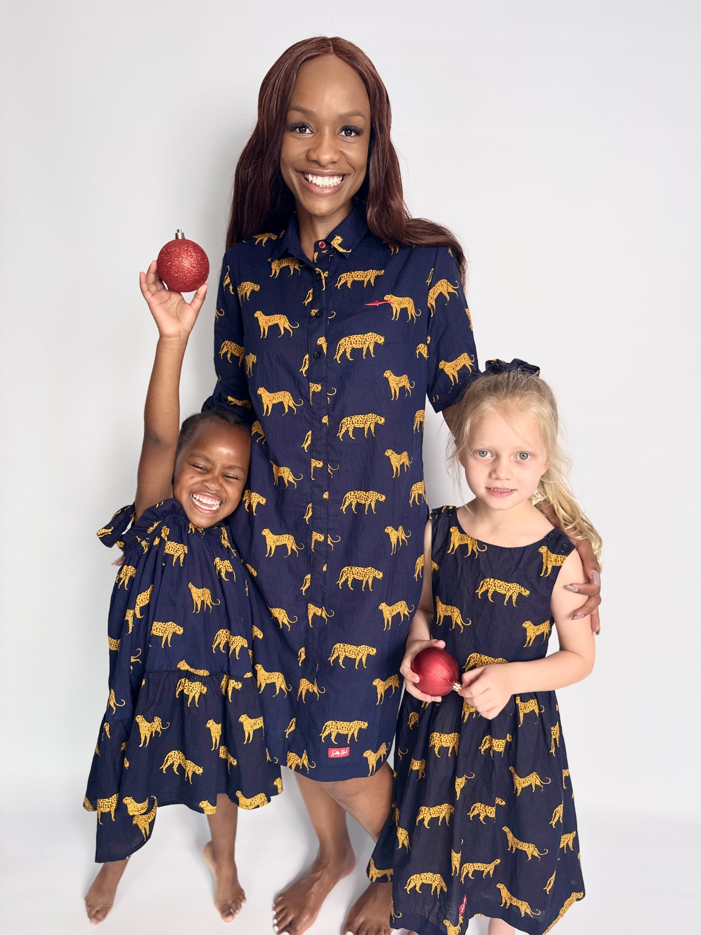 Ladies Shirt Dress - Navy w Orange Leopards