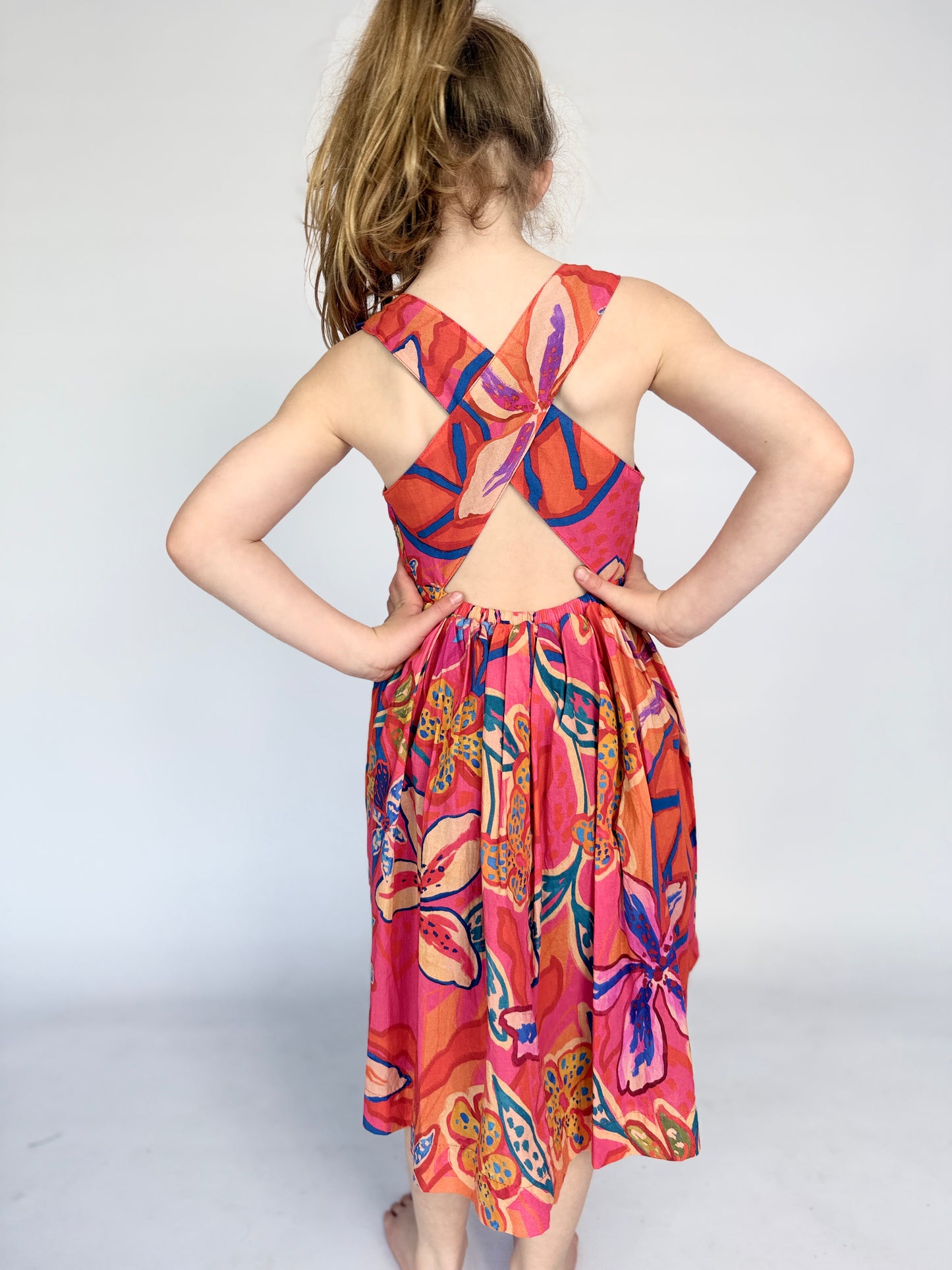 Girls Criss Cross back Dress - Pink Floral