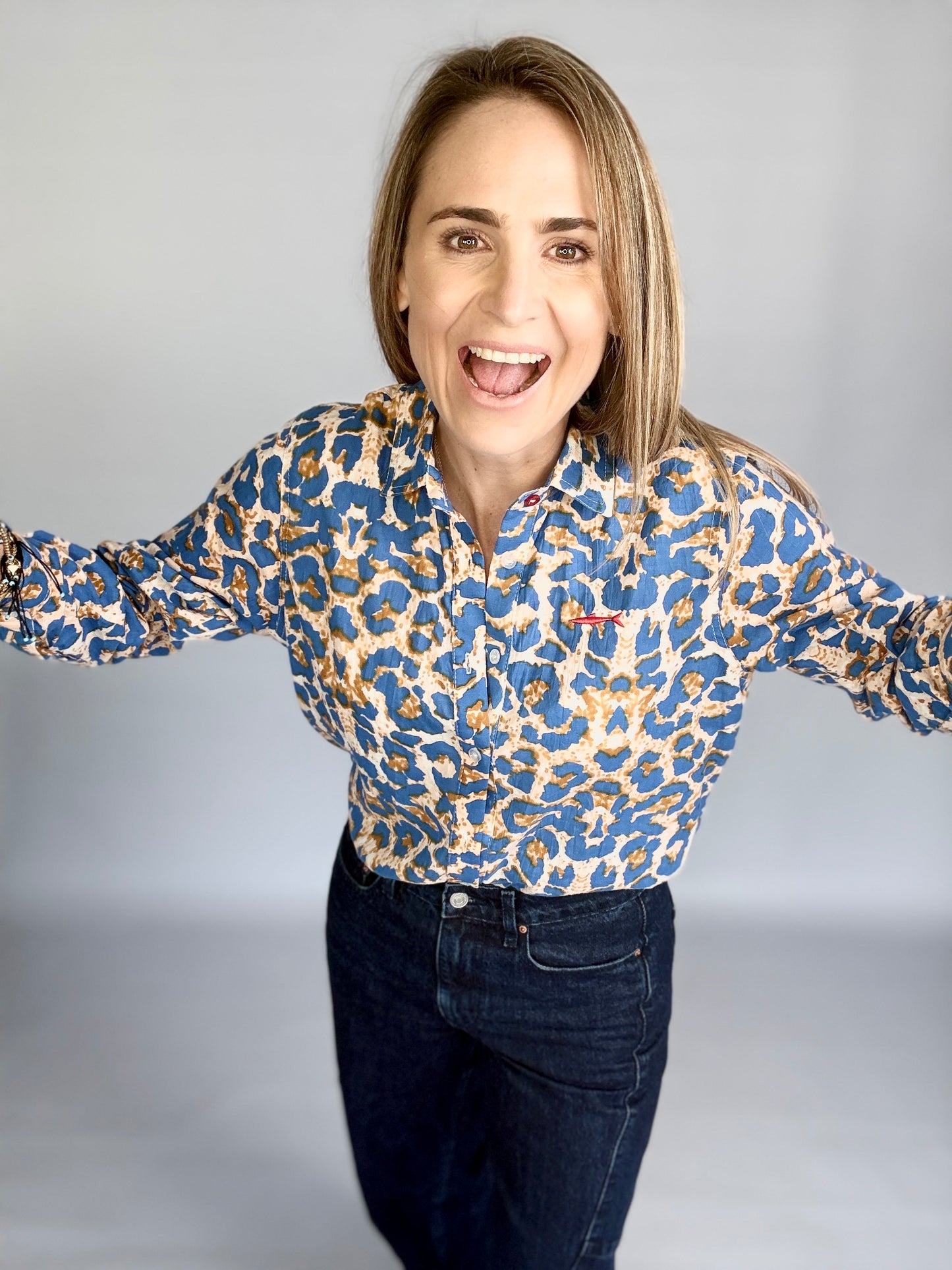 Ladies Shirt - Sky Blue Animal Print