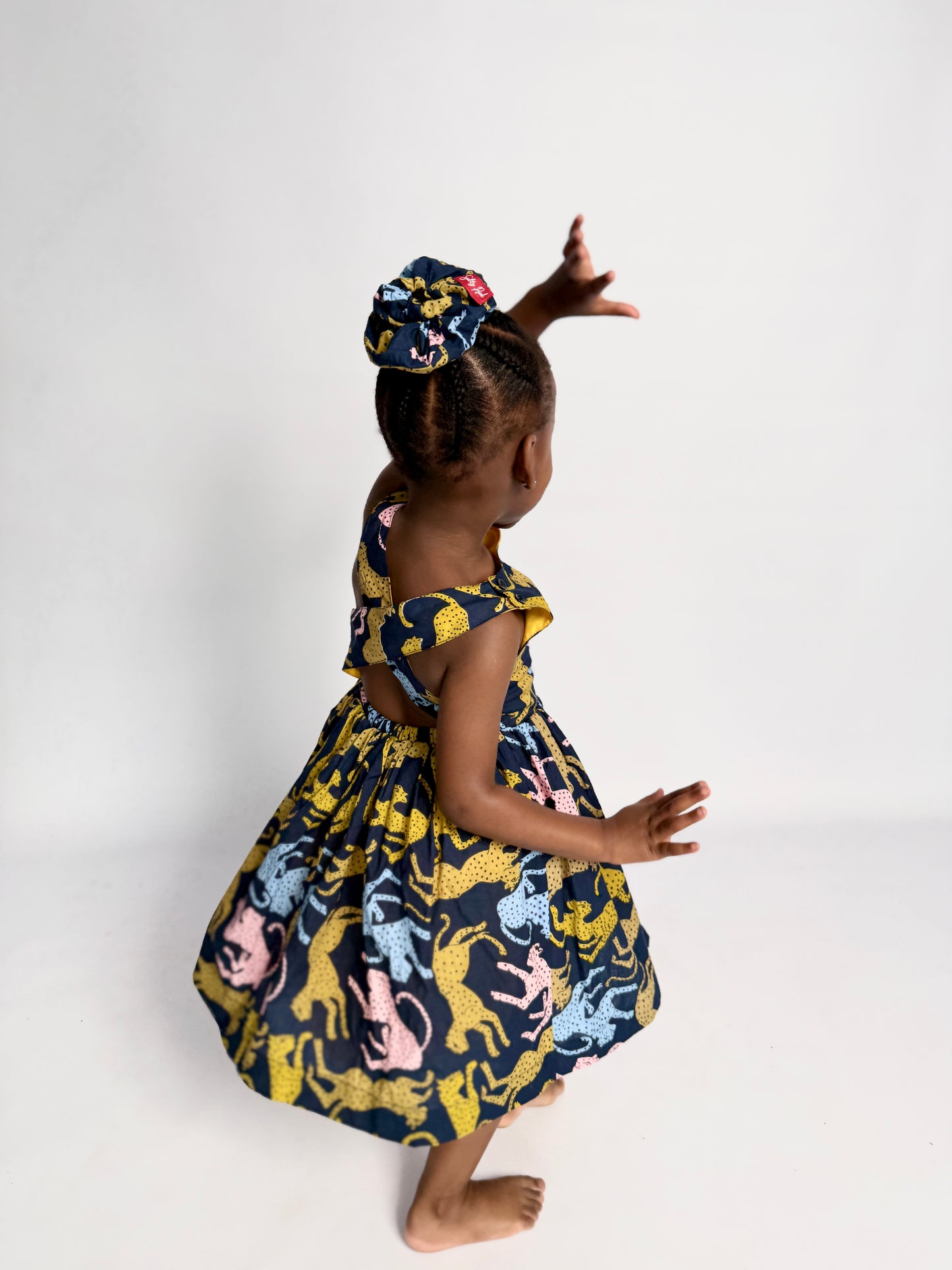 Girls Criss Cross back Dress - Cheetah on Navy