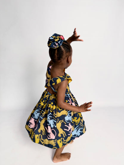 Girls Criss Cross back Dress - Cheetah on Navy