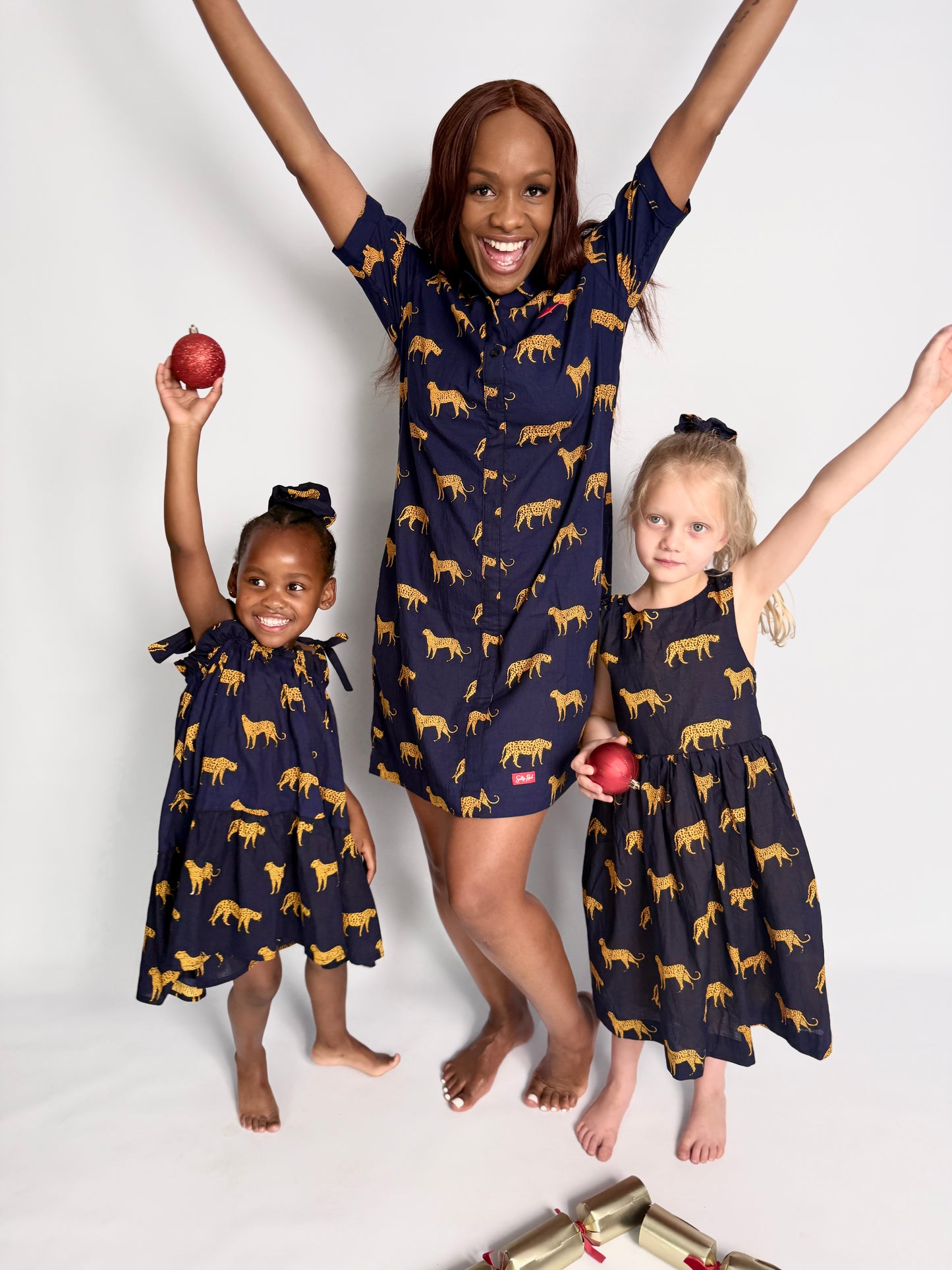 Ladies Shirt Dress - Navy w Orange Leopards