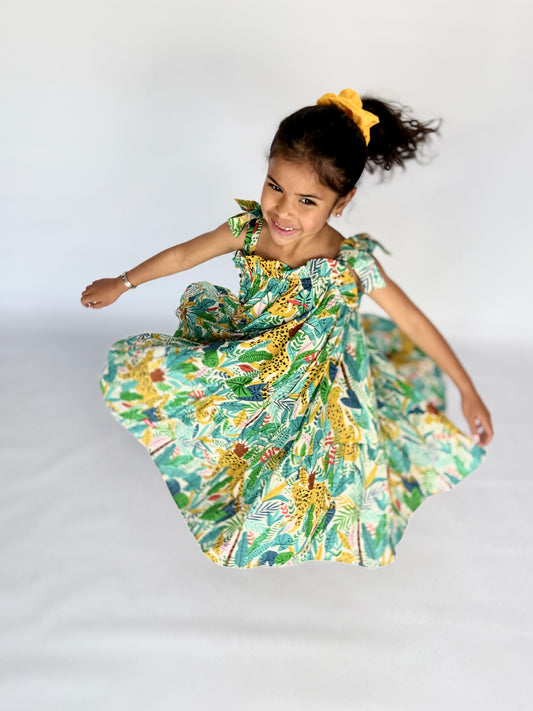 Girls Swirly Dress - Blue and Green Wild Africa