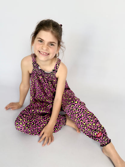 Girls Jumpsuit - Pink w Yellow Animal Print