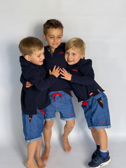 Boys Long Sleeve Golfer - Navy - Navy w Orange Leopard Insert