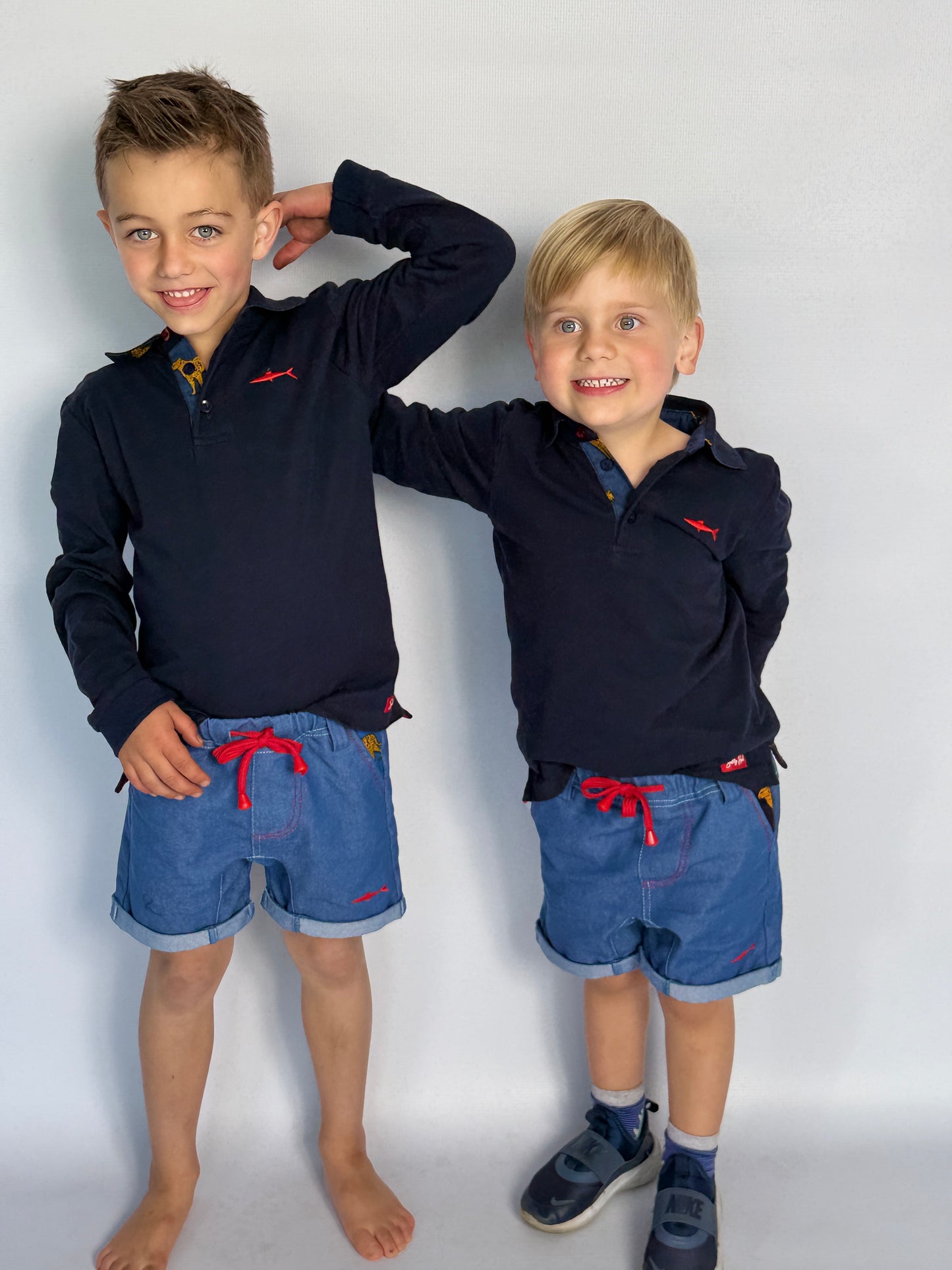Boys Long Sleeve Golfer - Navy - Navy w Orange Leopard Insert