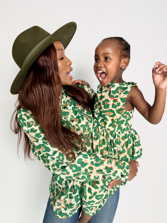 Girls Criss Cross back Dress - Green Animal Print