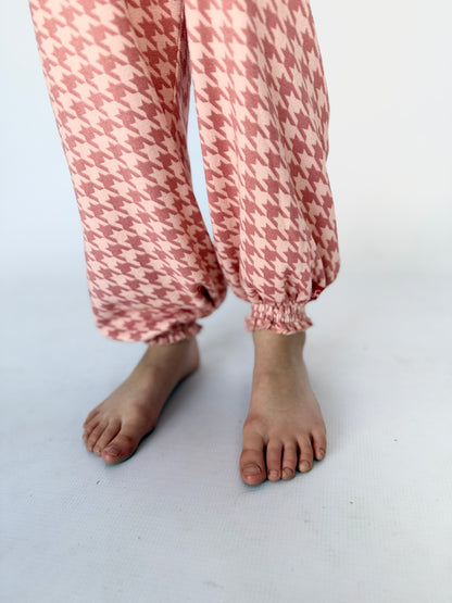 Girls Jumpsuit - Pink and White Houndstooth