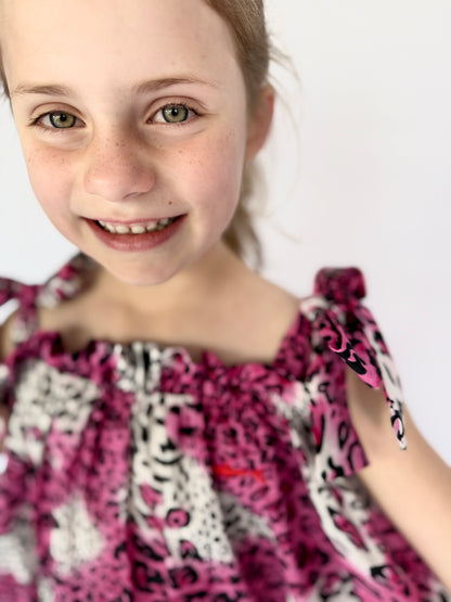 Girls Swirly Dress - Bright Pink Animal Print