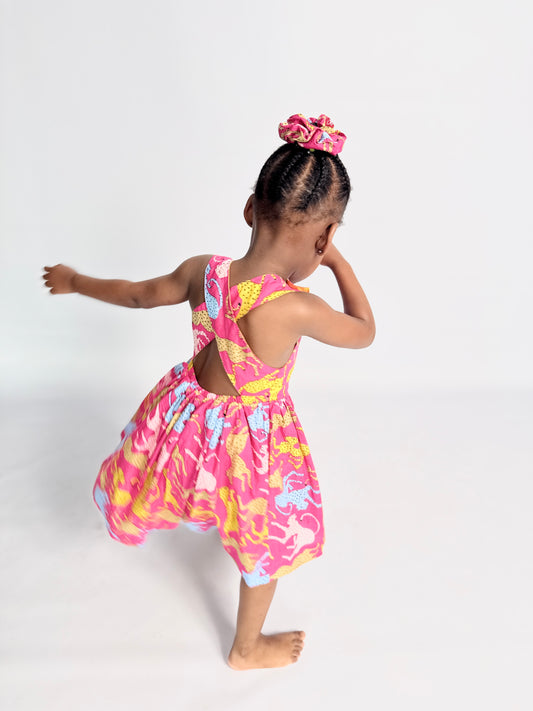 Girls Criss Cross back Dress - Cheetah on Pink