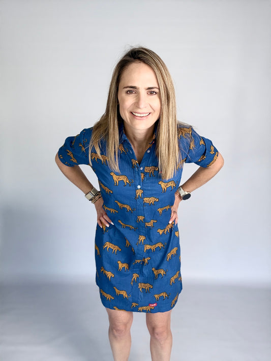 Ladies Shirt Dress - Royal Blue w Orange Leopards