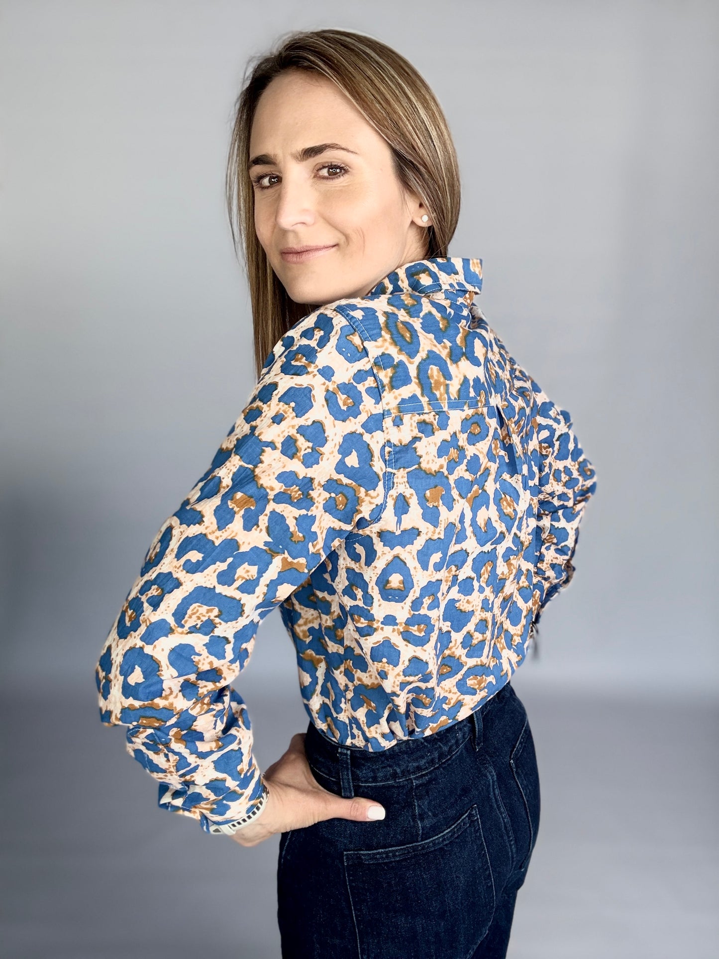 Ladies Shirt - Sky Blue Animal Print