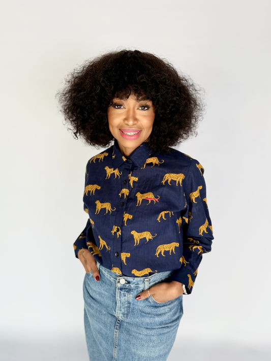 Ladies Shirt - Navy w Orange Leopards